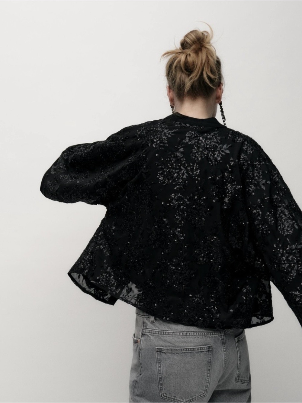 ZARA Black Sequin Floral Tie-Neck Jacket - Picture 2 of 3
